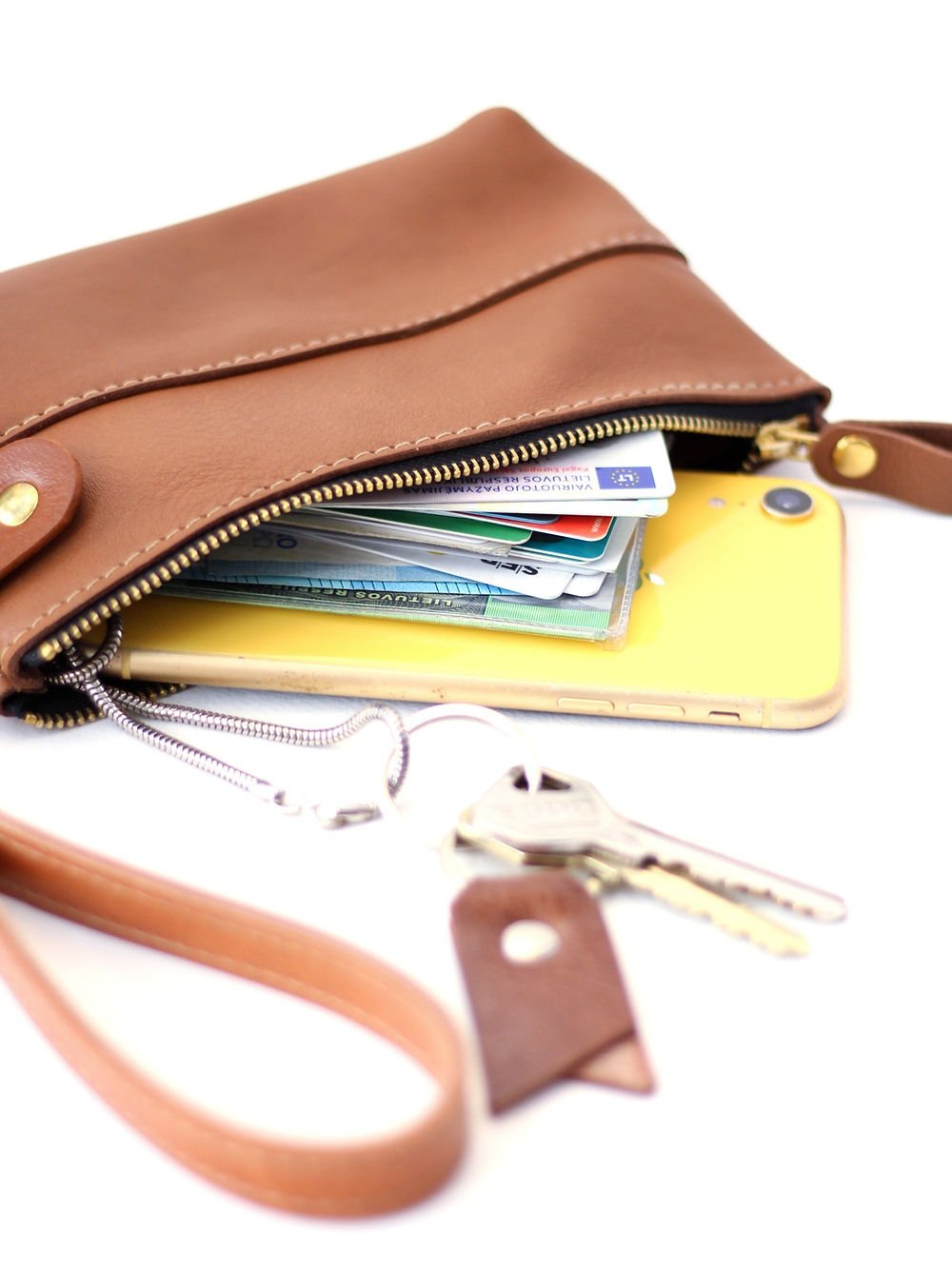 2. Close-up of TOKS VISOKS camel brown leather POUCH Wallet with cards and phone inside