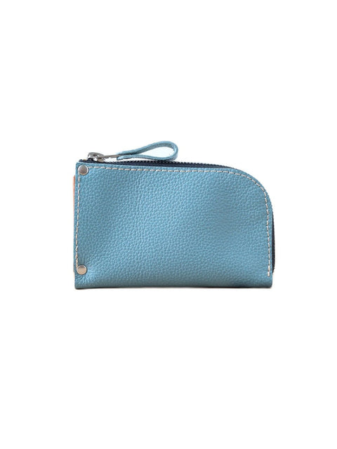 4. Studio shot of TOKS VISOKS WEDNESDAY Wallet in turquoise, highlighting curved zipper and stitching