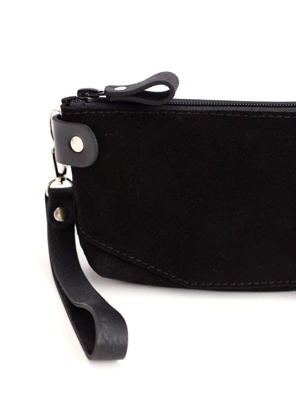 4. Detailed view of TOKS VISOKS black suede POUCH Wallet highlighting zipper and wrist strap