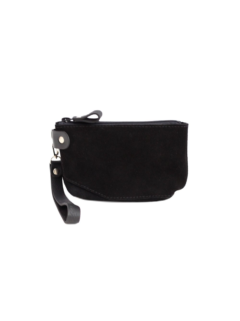 3. Studio image of TOKS VISOKS black suede POUCH Wallet with wrist strap, shown closed