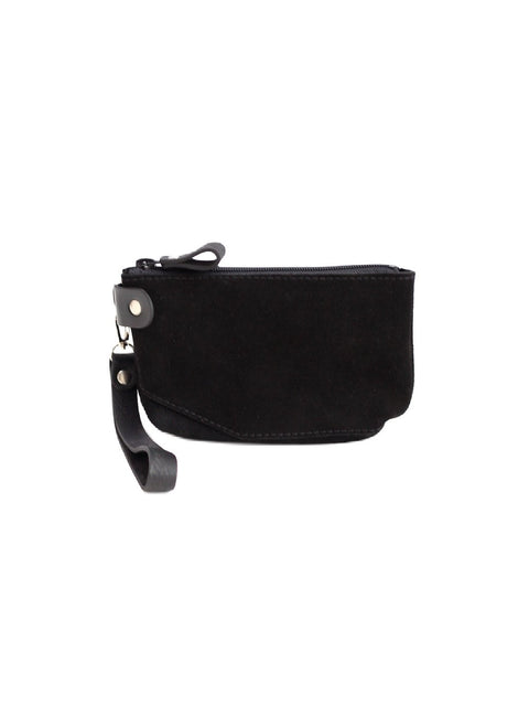 3. Studio image of TOKS VISOKS black suede POUCH Wallet with wrist strap, shown closed