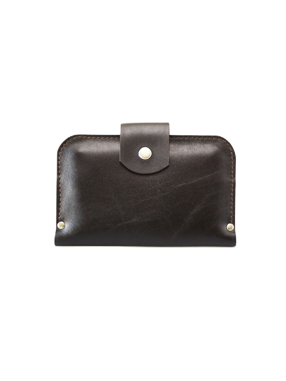 1. Studio shot of TOKS VISOKS SATURDAY Wallet in chocolate brown recycled leather, showing front snap closure