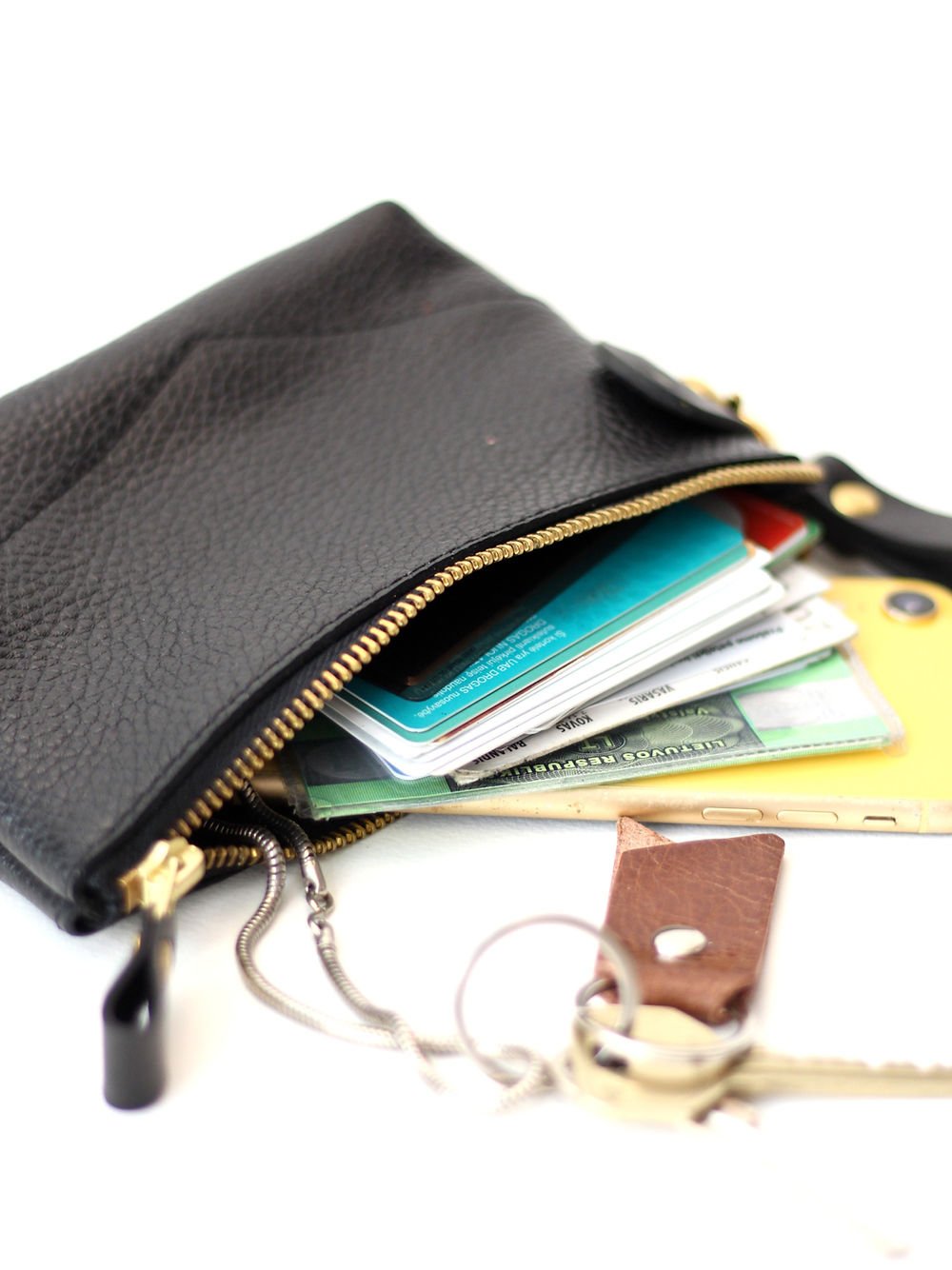 5. Close-up of TOKS VISOKS POUCH Wallet in black, displaying interior with cards and keys