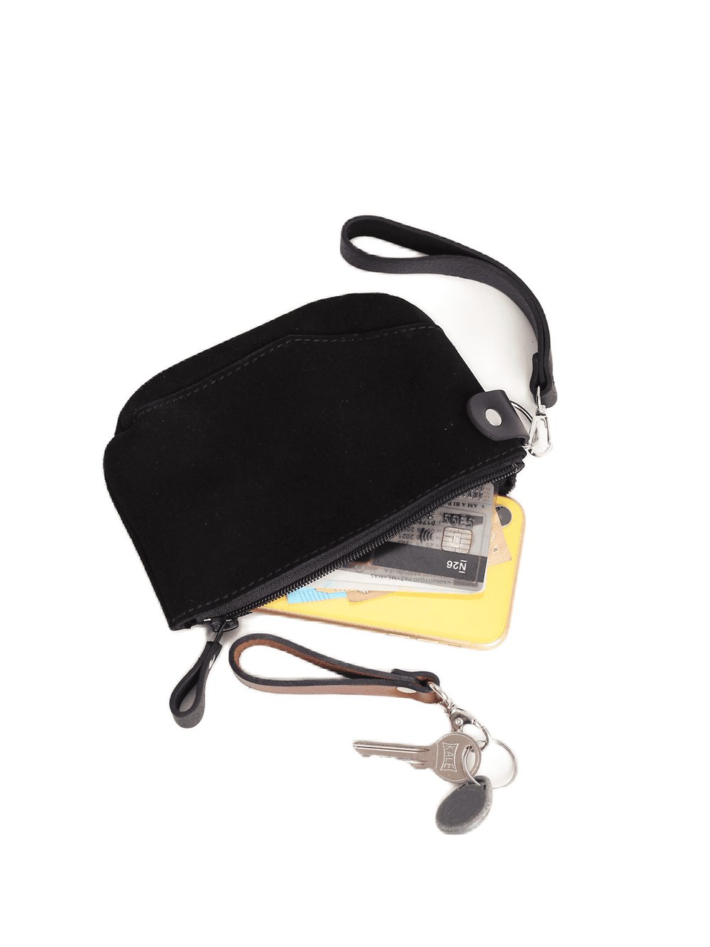 2. Black suede POUCH Wallet by TOKS VISOKS with removable wrist strap, displaying cards and keys