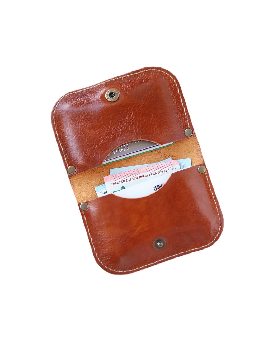 4. Open view of SUNDAY Wallet in Shiny Ginger by TOKS VISOKS, showcasing interior card slots and recycled leather material