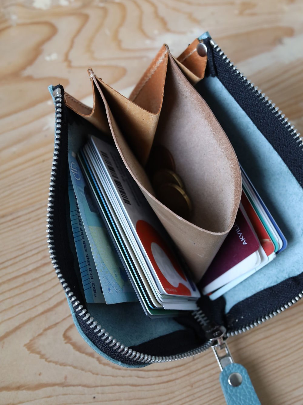 6. Interior view of TOKS VISOKS WEDNESDAY Wallet in turquoise, showing card organization and coin section