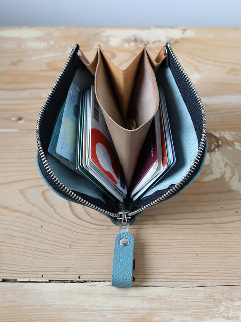 2. Open TOKS VISOKS WEDNESDAY Wallet in turquoise, displaying card slots and coin section