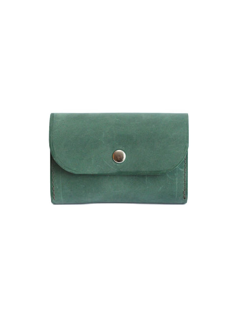 1. TOKS VISOKS FRIDAY Wallet in green recycled leather, studio shot showing front view with button closure