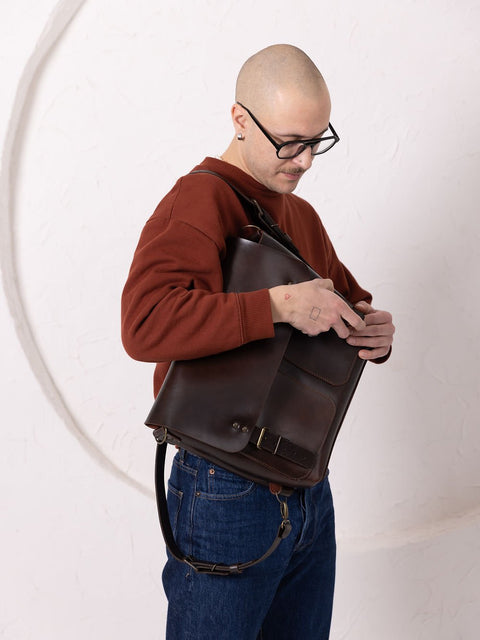5. Male model wearing TOKS VISOKS BENJAMIN Backpack in dark chocolate leather, full body view from the back