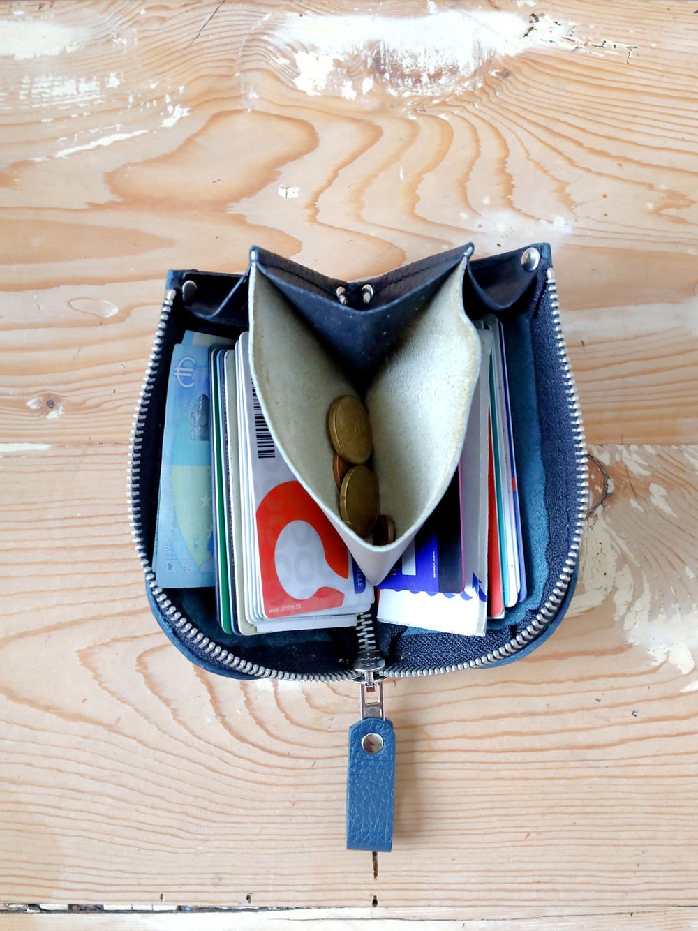 1. Open view of blue WEDNESDAY Wallet by TOKS VISOKS showing card slots and coin section