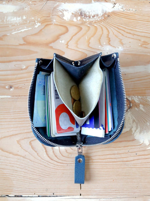 1. Open view of blue WEDNESDAY Wallet by TOKS VISOKS showing card slots and coin section