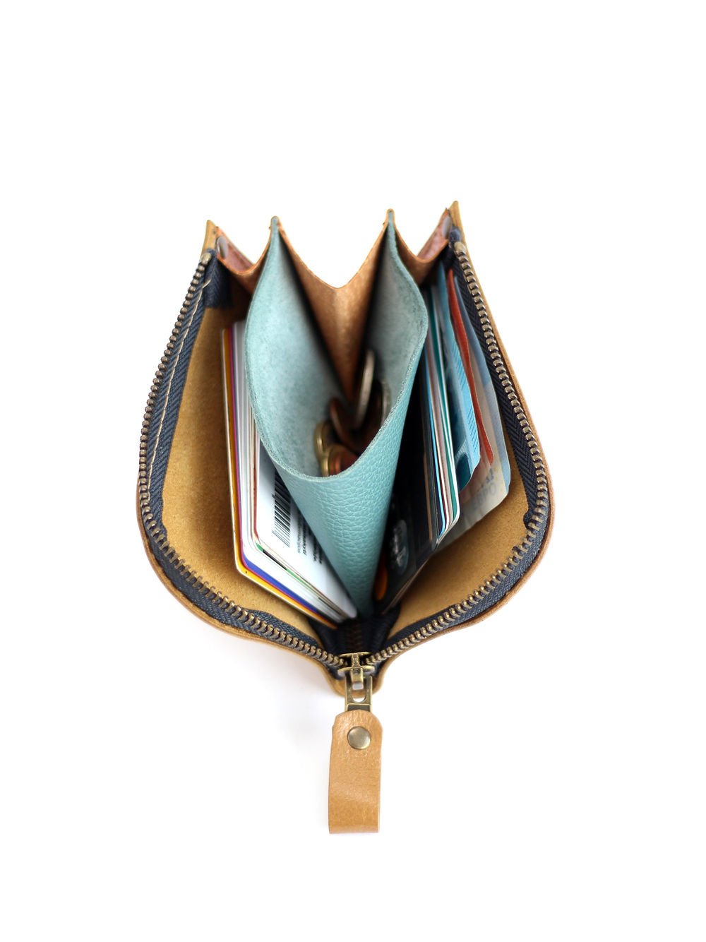 2. Top view of mustard WEDNESDAY Wallet by TOKS VISOKS, displaying interior organization