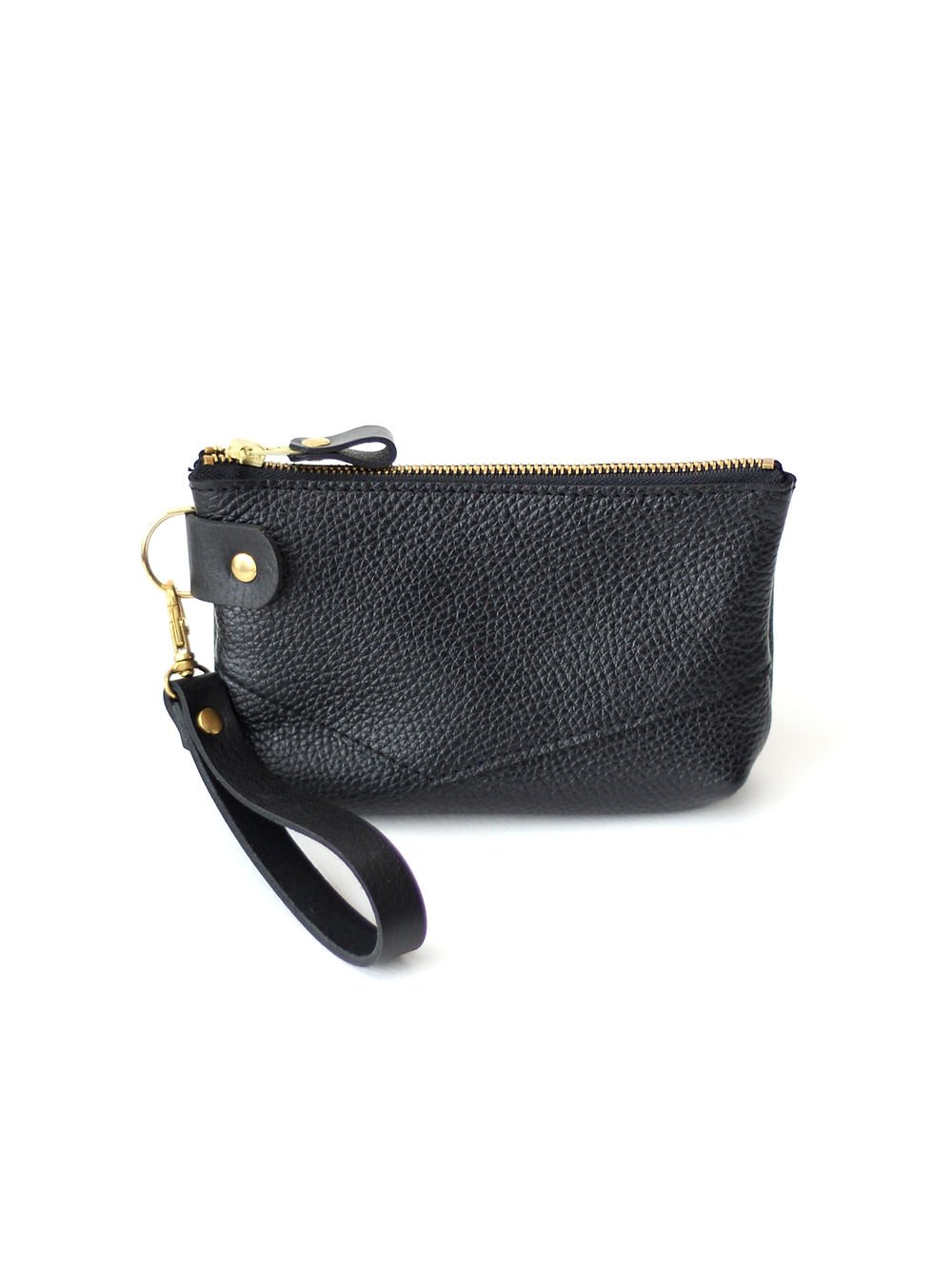 3. Studio shot of TOKS VISOKS POUCH Wallet in black recycled leather with golden details and wrist strap