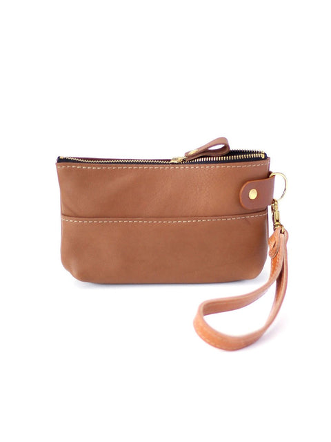 4. Front view of TOKS VISOKS camel brown leather POUCH Wallet with removable wrist strap
