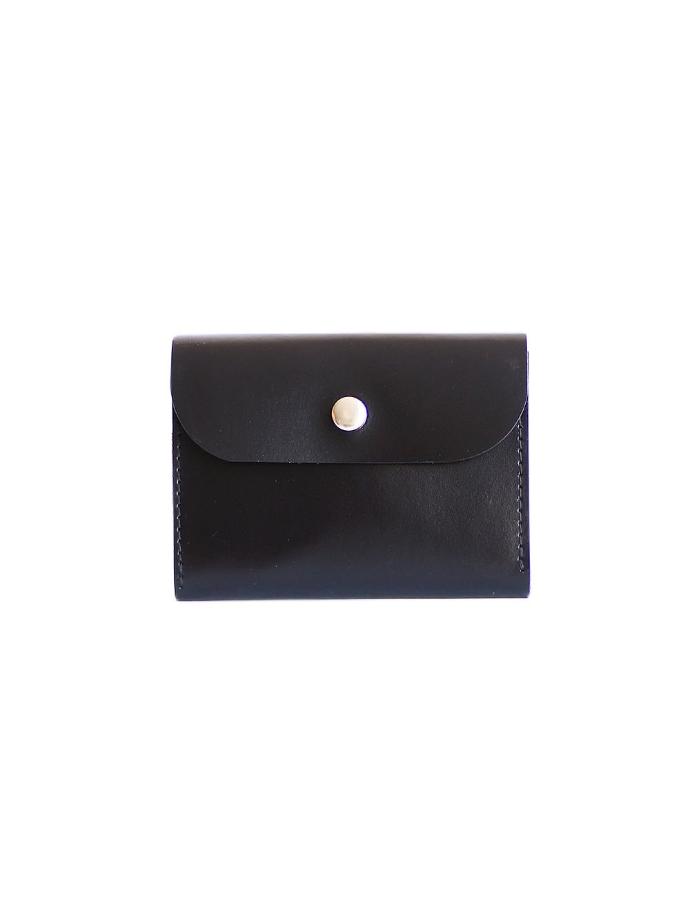 2. Front view of closed black FRIDAY Wallet by TOKS VISOKS with snap closure, made from recycled leather