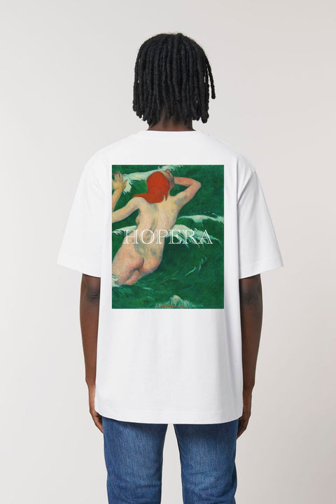 3. White Hopera T-shirt with 'Dans les Vagues' painting on the back, worn by male model in studio