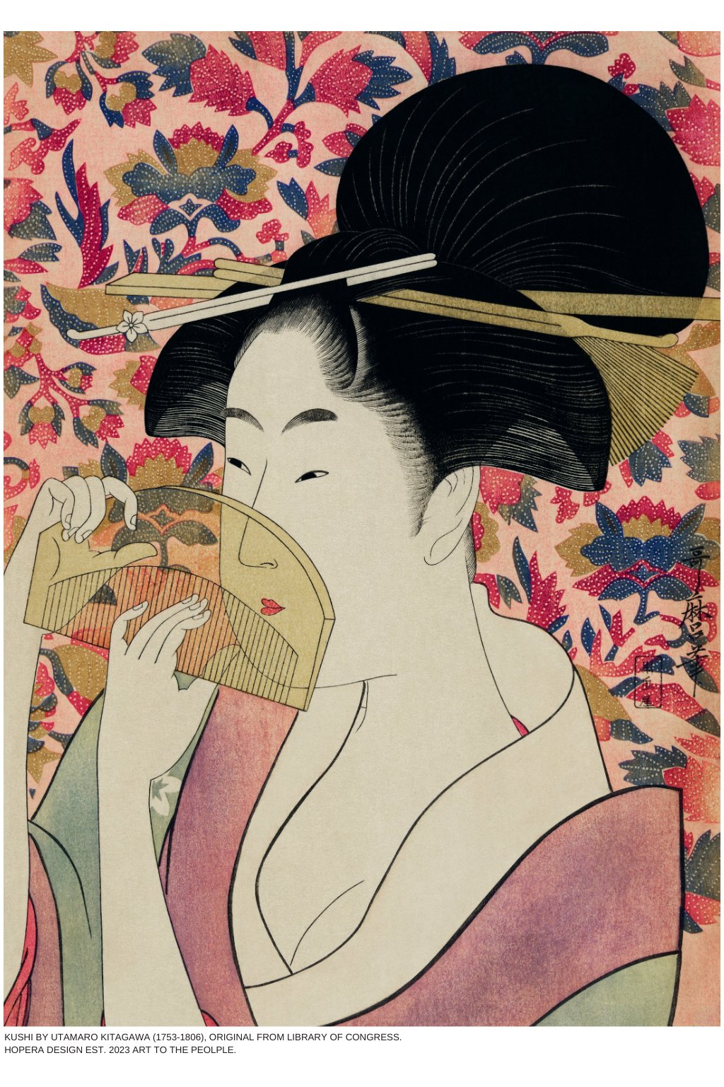 2. Close-up of Utamaro Kitagawa's Ukiyo-e artwork on Hopera hoodie, highlighting intricate details