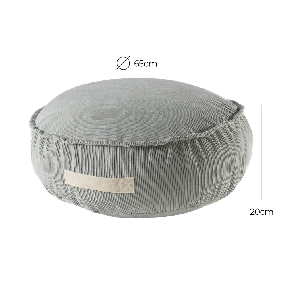 2. Size chart for MeowBaby corduroy pouf round showing 65 cm diameter and 20 cm height