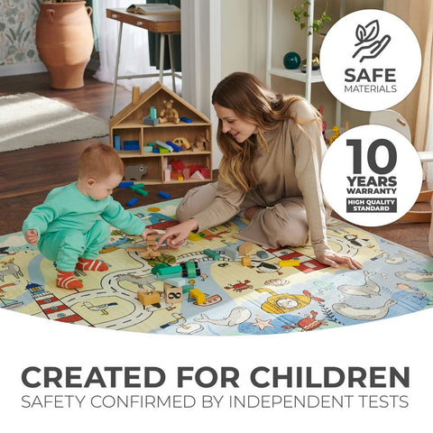 1. Woman and child playing on colorful educational playmat in living room