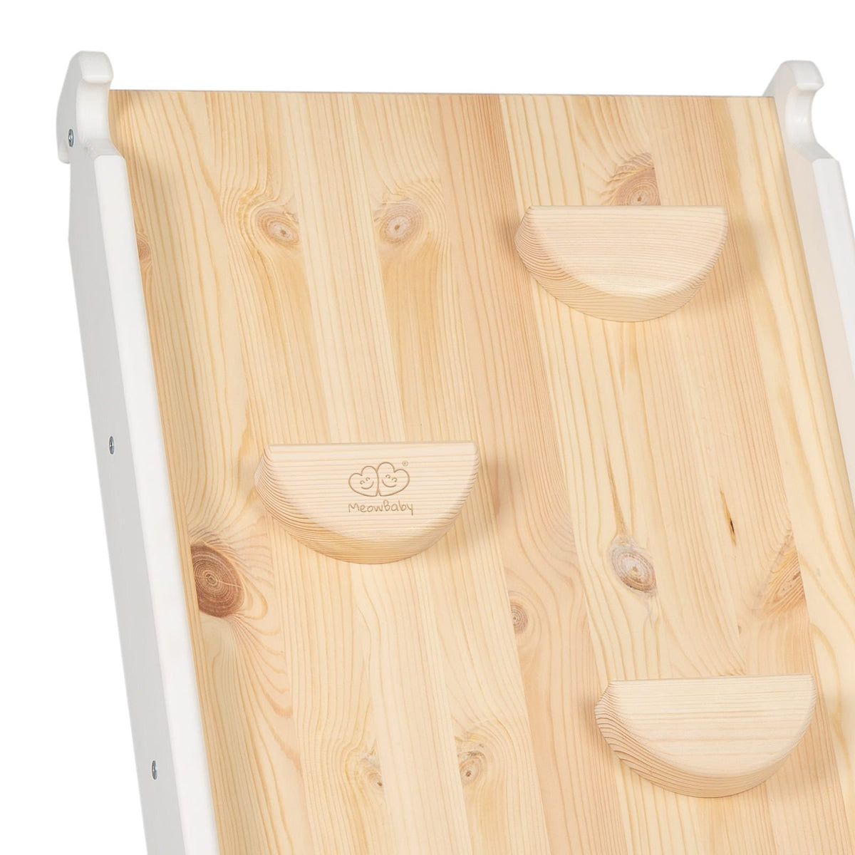 3. Close-up of wooden climbing wall with MeowBaby logo and natural finish