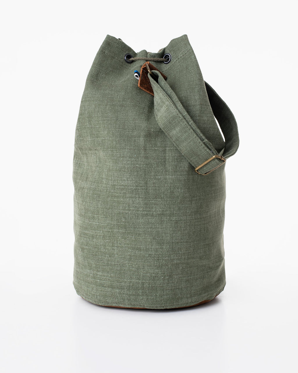 3. Studio image of Trendbag Märss upcycled bag in light green, showing front view with drawstring closure