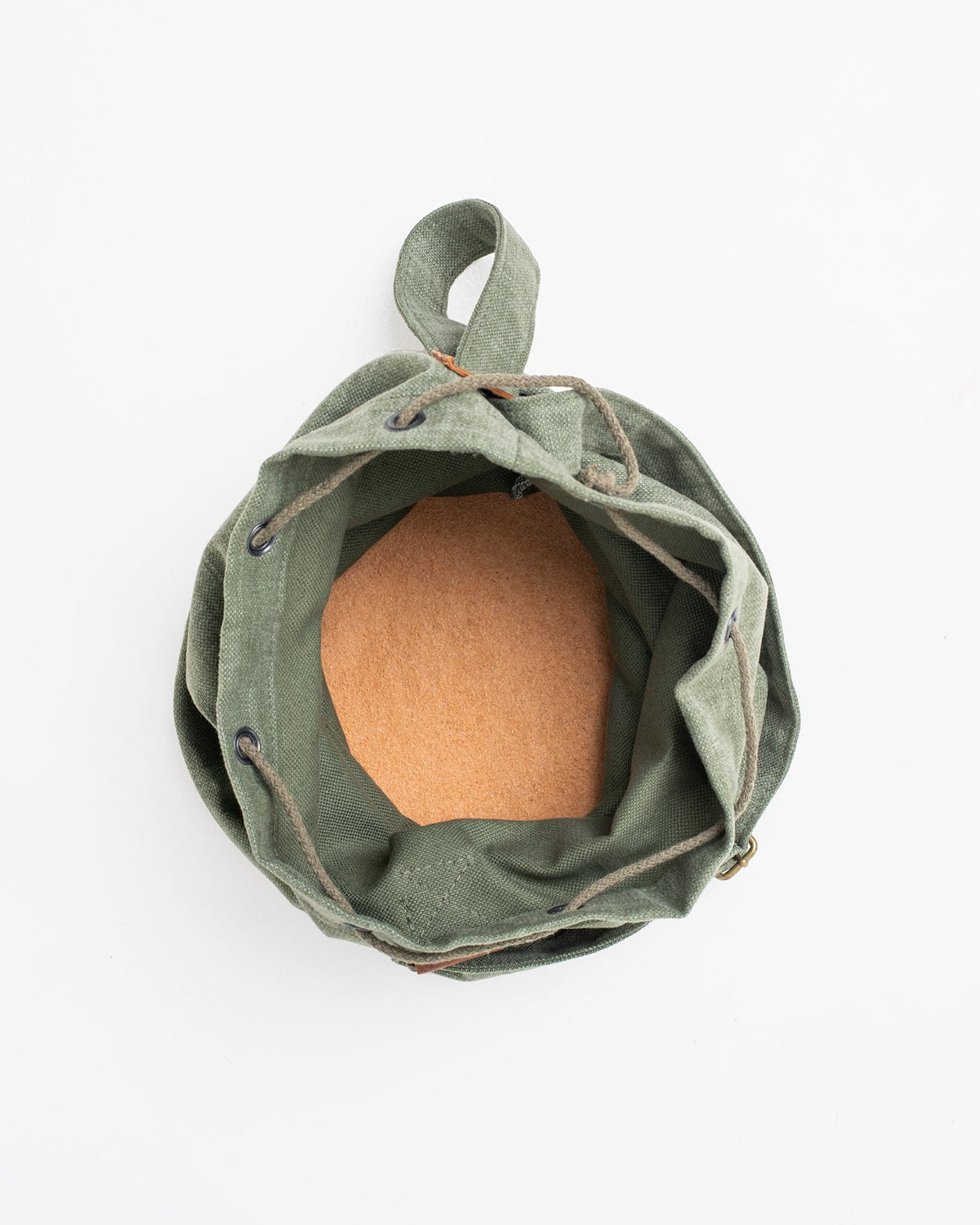 5. Top view of Trendbag Märss upcycled bag in light green, showing interior and faux leather details