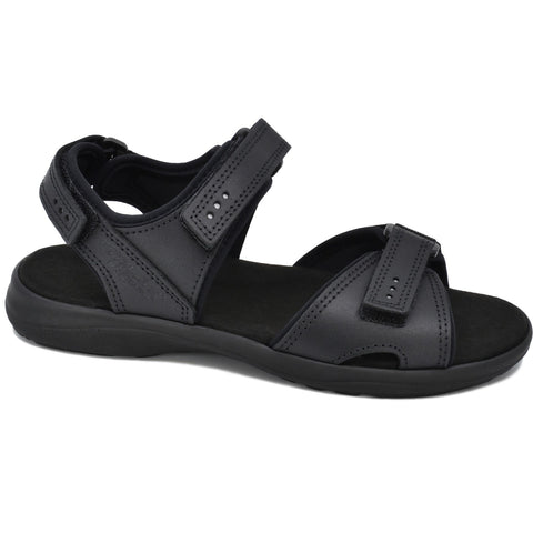 2. Side view of Omaking Liiva women's black leather sandals with Velcro straps in studio