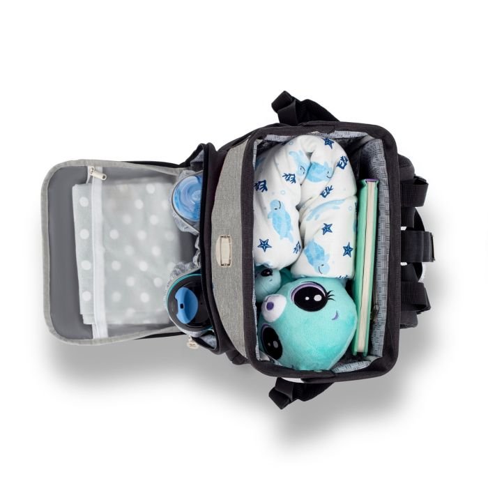 4. Open Kinderkraft Molly diaper backpack displaying interior with baby items and organized compartments