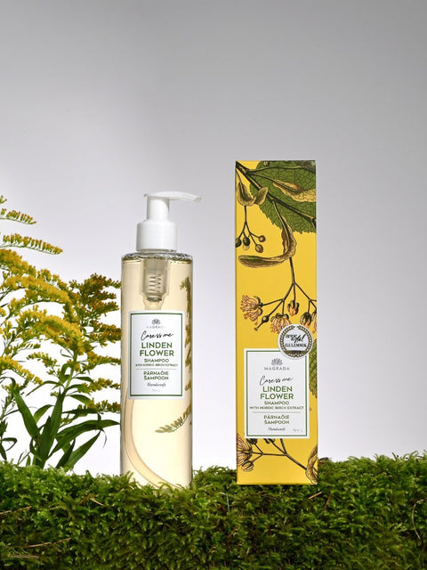 1. Magrada Organic Cosmetics Linden Flower Shampoo with Nordic Birch Extract, 250ml bottle and packaging displayed on moss with floral background