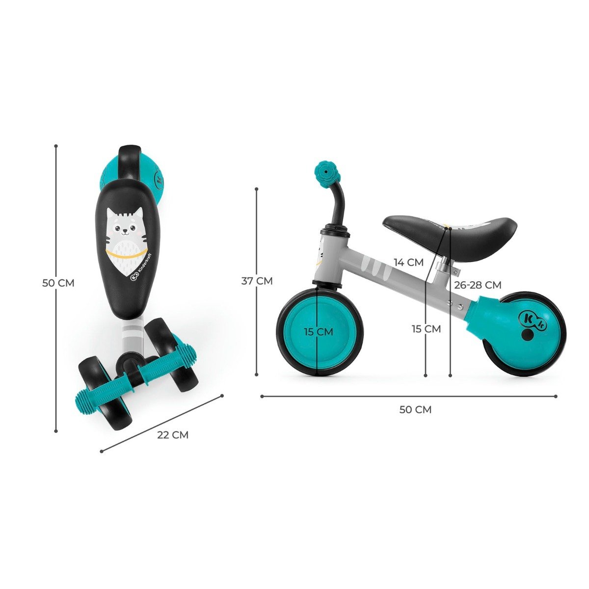 5. Size chart for Kinderkraft CUTIE balance bike showing dimensions in centimeters