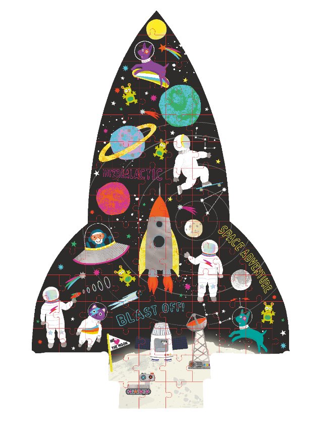 2. Completed rocket-shaped jigsaw puzzle featuring astronauts, planets, and space motifs, encouraging creative play for children