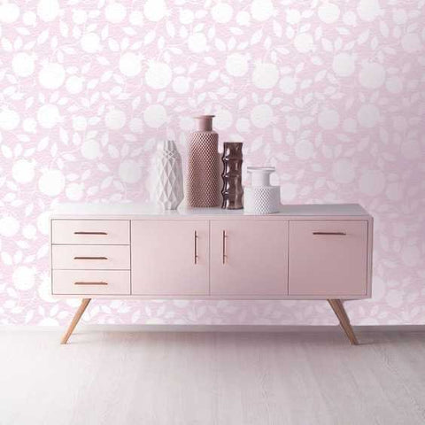4. Pomegranate pink wallpaper with mid-century modern sideboard and decorative vases