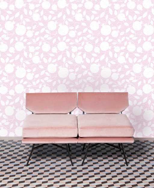 5. Pomegranate pink wallpaper with pink velvet chairs on checkered floor
