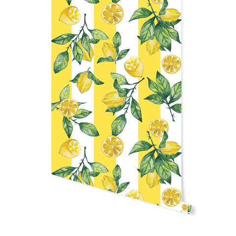 2. Striped lemon wallpaper with yellow and white stripes featuring green leaves and lemons on black background
