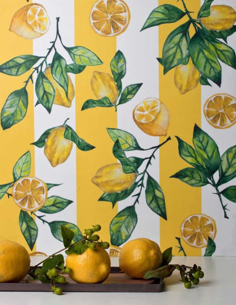 1. Striped lemon wallpaper in kitchen setting with lemons and green leaves on yellow and white stripes