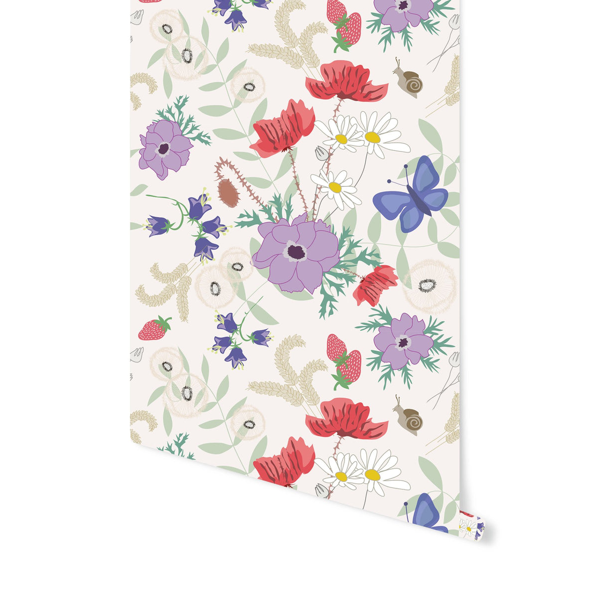 2. Vanilla Meadow eco wallpaper with floral and butterfly pattern in vanilla, light blue, and charcoal colors on a black background