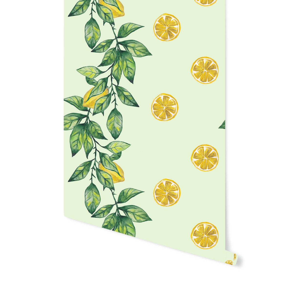 1. Lemon Branch eco wallpaper with green leaves and yellow lemons on light background