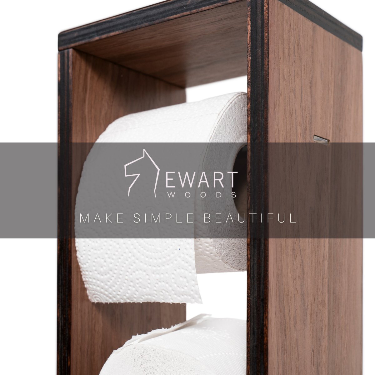 7. Ewart Woods logo and slogan on wooden toilet paper holder with visible rolls