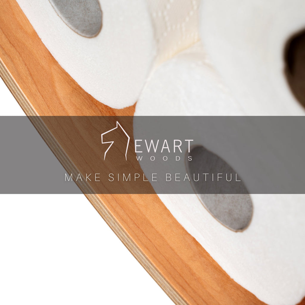 3. Close-up of Ewart Woods logo and slogan 'Make Simple Beautiful' on wooden toilet paper holder with rolls