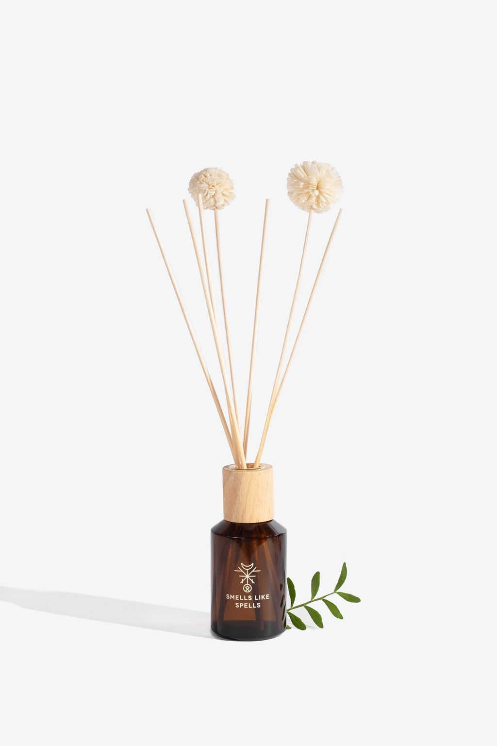 1. Smells Like Spells Home Perfume DELLINGR with diffuser sticks in amber glass bottle, studio setting