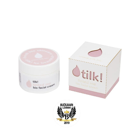 1. Tilk! Tinted Me BB cream in open jar showing creamy texture, ideal for nourishing and evening skin tone