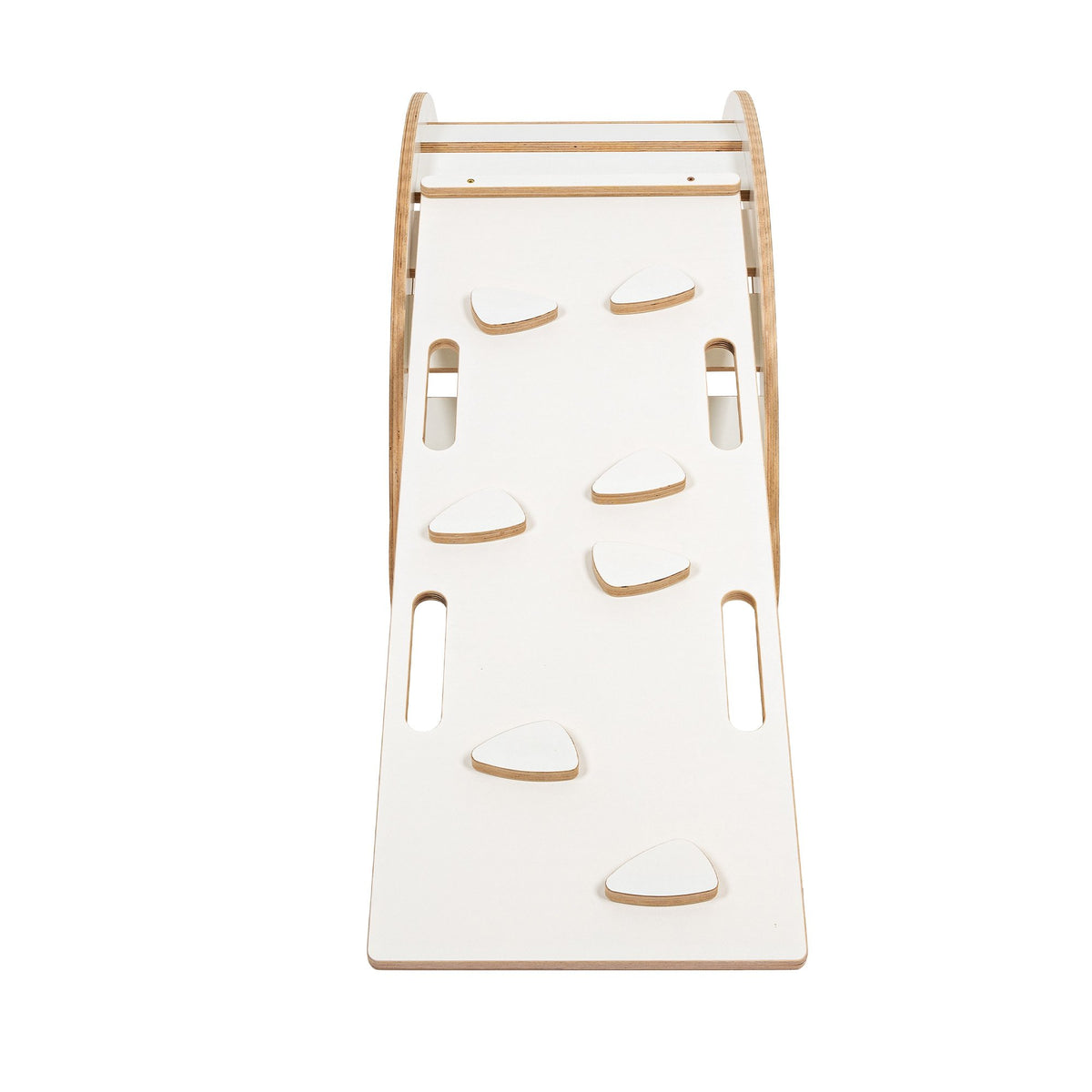 2. White wooden slide with climbing grips attached to rocker