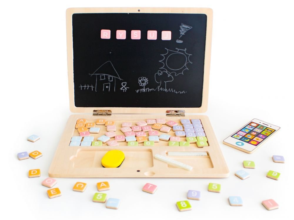 5. Ecotoys wooden laptop with magnetic letters and chalk drawings, including a house and sun, play phone nearby