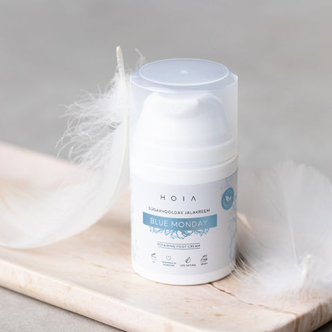 3. HOIA homespa Deep Care Foot Cream BLUE MONDAY, 50ml, with soft feathers, highlighting gentle formula