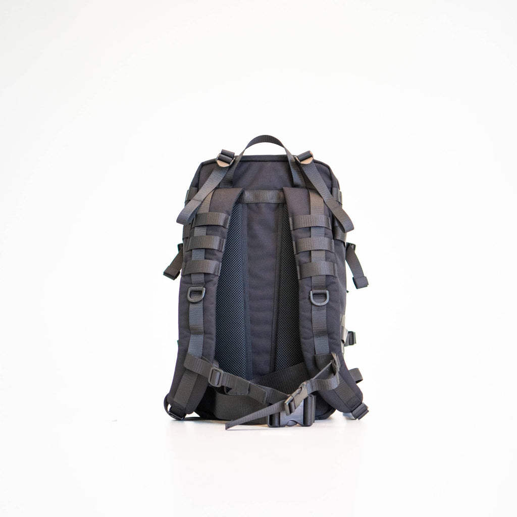 4. Studio shot of Galvi Linda Backpack 039 in black, rear view highlighting Molle system and strap details