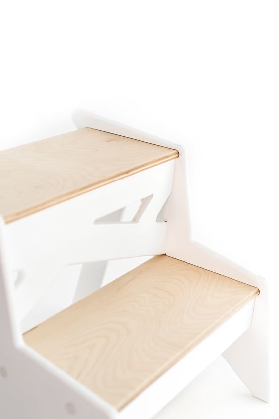 6. Close-up of white and natural wood step detail on Ewart Woods step stool