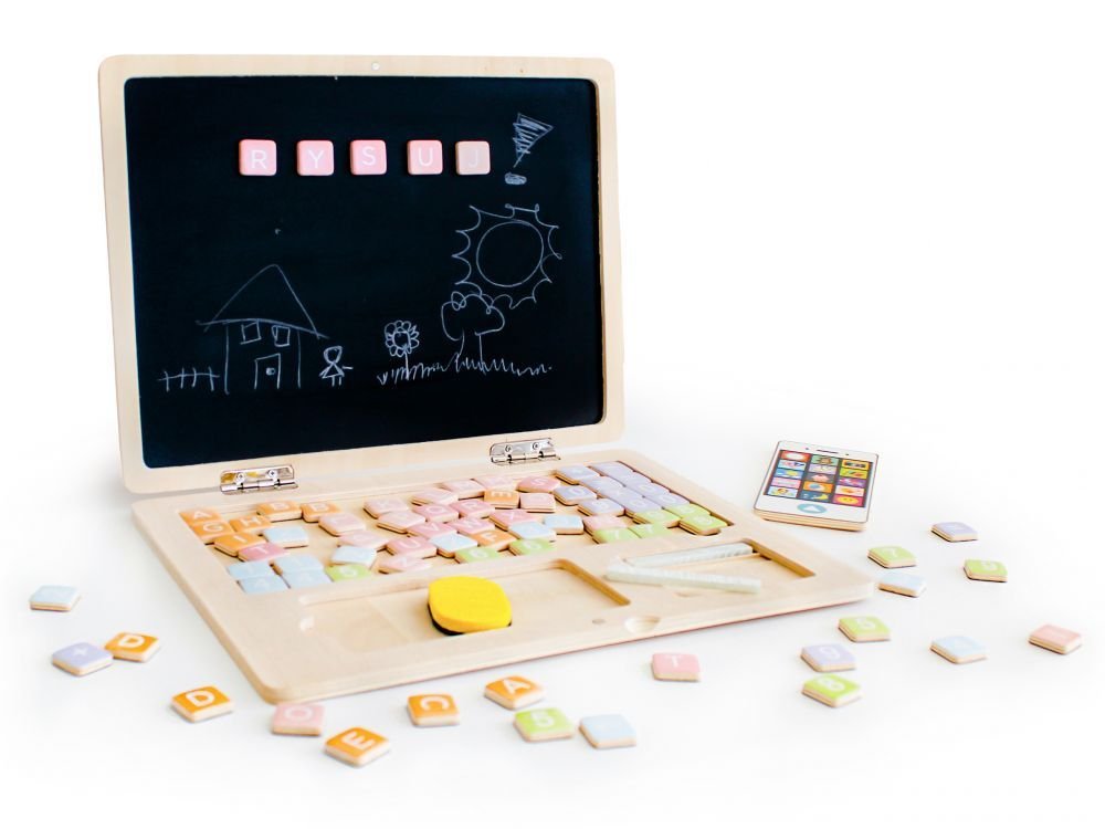 4. Ecotoys wooden laptop with magnetic letters and chalk drawings of a house and sun, play phone on the side