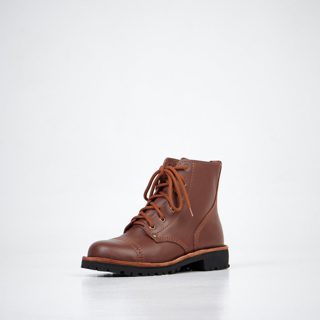 2. Aipi A-PS-2 brown leather boots with lace-up closure, angled front view in studio