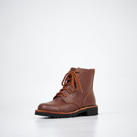 2. Aipi A-PS-2 brown leather boots with lace-up closure, angled front view in studio