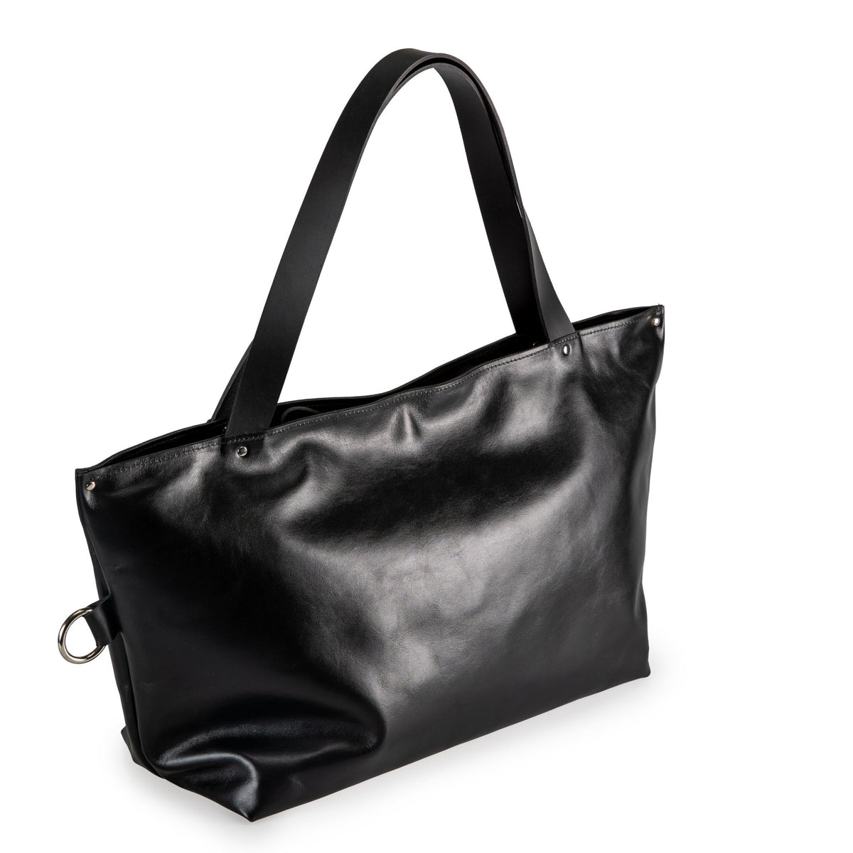 5. Studio shot of PYKOK Large Handbag Lima in soft black leather, showing front view and durable handles